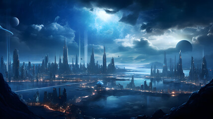 Fototapeta na wymiar futuristic city background illustration at night