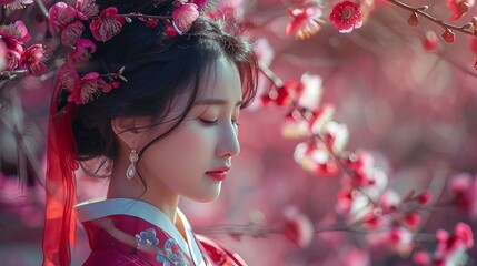 Beautiful Asian woman with cherry blossom trees