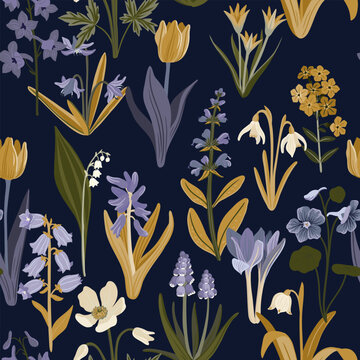 seamless pattern with garden flowers, vector drawing flowering plants at dark blue background, floral cover design, hand drawn botanical illustration