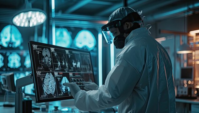 A doctor is dressed up and looking at an x-ray on a digital screen - Powered by Adobe