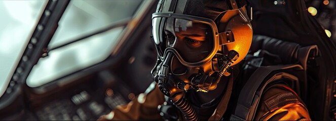 A pilot in a fighter aircraft wearing a gas mask