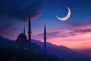 Islamic mosques at dusk with crescent moon  Ramadan and Eid celebrations - obrazy, fototapety, plakaty