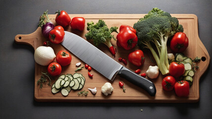 Vegetables on a Cutting Board with Knife, top view.