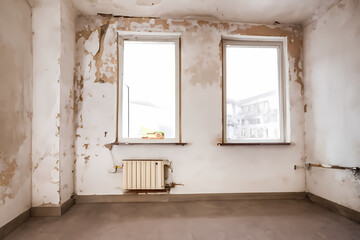 Renovierungsbedürftiger, verrfallener Raum mit zwei Fenstern 
