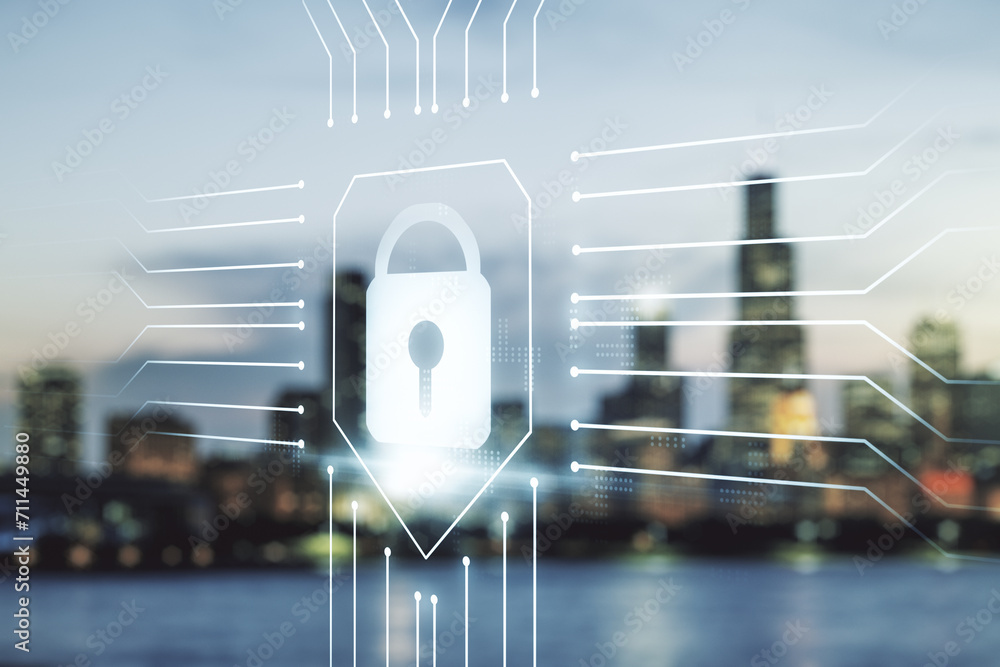 Poster double exposure of virtual creative lock hologram with chip on blurry cityscape background. informat
