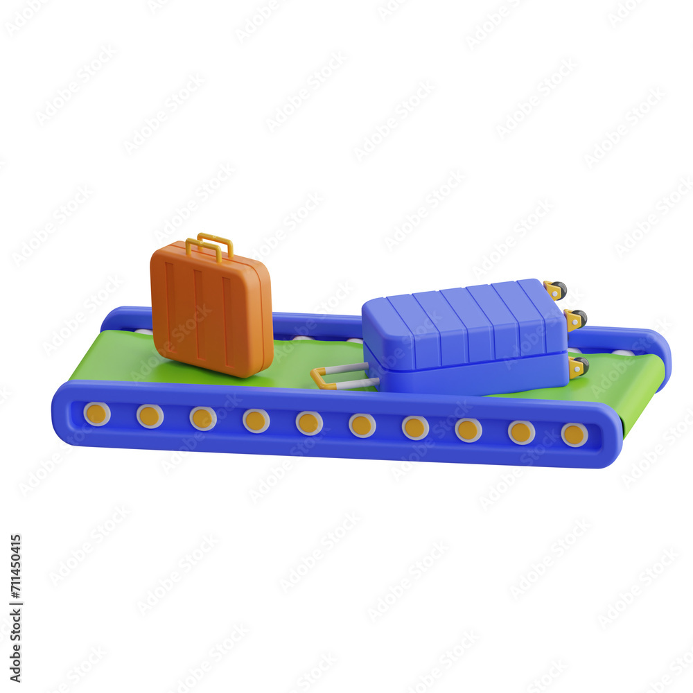 Poster 3d conveyor band model efficiently transporting luggage through airports. 3d illustration, 3d elemen