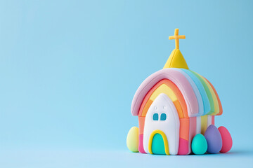 Colorful Soft Toy church building with Easter egg for baby and toddler bible religion gift or marketing for children's ministry classes and Easter school with yellow cross, aqua blue pink peach orange - obrazy, fototapety, plakaty