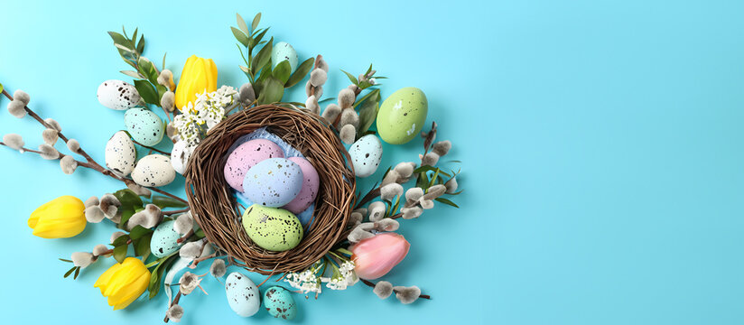 Banner auf hellblauem Hintergrund mit einem Osterkörbchen mit Eiernn im natürlichen Look