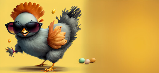 Banner eines lustigen Huhns, das bunte Ostereier gelegt hat auf gelbem Hintergrund