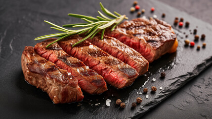 Beef Rump Steak Grilled Medium Rare with Pepper and Rosemary. Foodie restaurant table banner background with copy space, ideal for showcasing delectable dishes and culinary experiences.