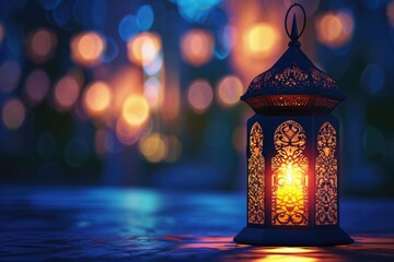 Arabic lantern with candle in mosque background for Ramadan.