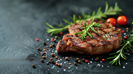 Beef Rump Steak Grilled Medium Rare with Pepper and Rosemary. Foodie restaurant table banner background with copy space, ideal for showcasing delectable dishes and culinary experiences. - obrazy, fototapety, plakaty