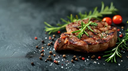 Zelfklevend Fotobehang Beef Rump Steak Grilled Medium Rare with Pepper and Rosemary. Foodie restaurant table banner background with copy space, ideal for showcasing delectable dishes and culinary experiences. © PEPPERPOT
