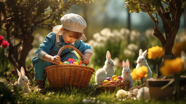 Little child looking for easter eggs in the garden, he is surrounded by little easter bunnies