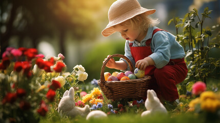 Little child looking for easter eggs in the garden, he is surrounded by little easter bunnies