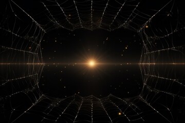 Fototapeta premium Abstract spider web like digital glass frame with glow, on black background, empty copy space Generative Ai