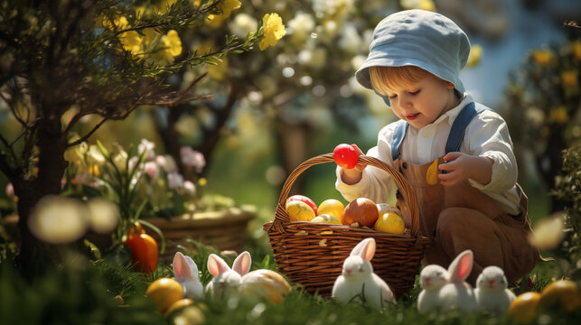 Little child looking for easter eggs in the garden, he is surrounded by little easter bunnies