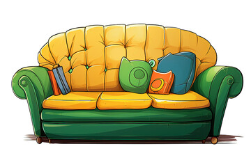 Vintage armchair with green pillows isolated on PNG Background. Generative Ai.