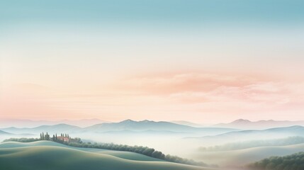 Fototapeta premium An elegant website banner featuring a serene landscape of rolling hills and a soft sunrise, conveying tranquility and sophistication - Generative AI
