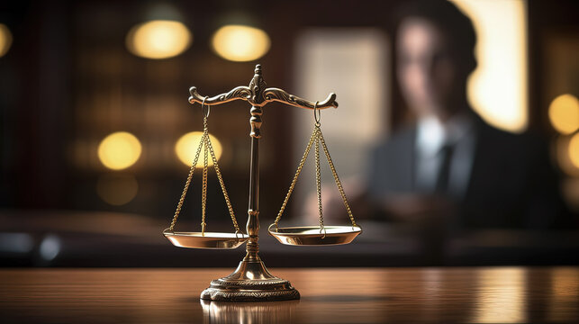 balanza de la justicia de color dorado apoyada en una mesa de madera, sobre fondo desenfocado de una sala del juzgado con una persona trabajando