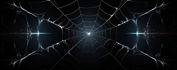 Naklejka na ściany i meble Abstract spider web like digital glass frame with glow, on black background, empty copy space Generative Ai