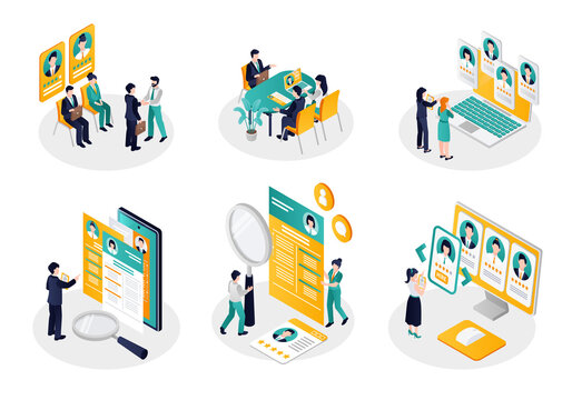 Recruiting agency isometric 6 mini-composition set