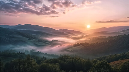 Obraz premium Mountain sunrise, with the soft light of dawn painting the landscape in gentle pastels, as morning mist weaves through the valleys, good morning, inspirational, breath of fresh air