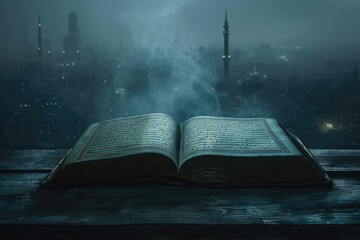 Quran  the islamic holy book  in dark city background - obrazy, fototapety, plakaty