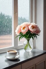 Peach color peony flowers in transparent vase and cup of coffee esthetic view