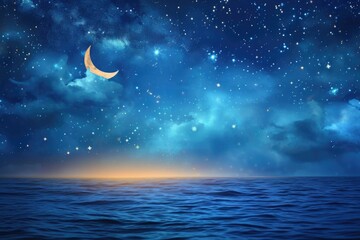 Obraz na płótnie Canvas Ramadan Kareem background with crescent and stars above sea.
