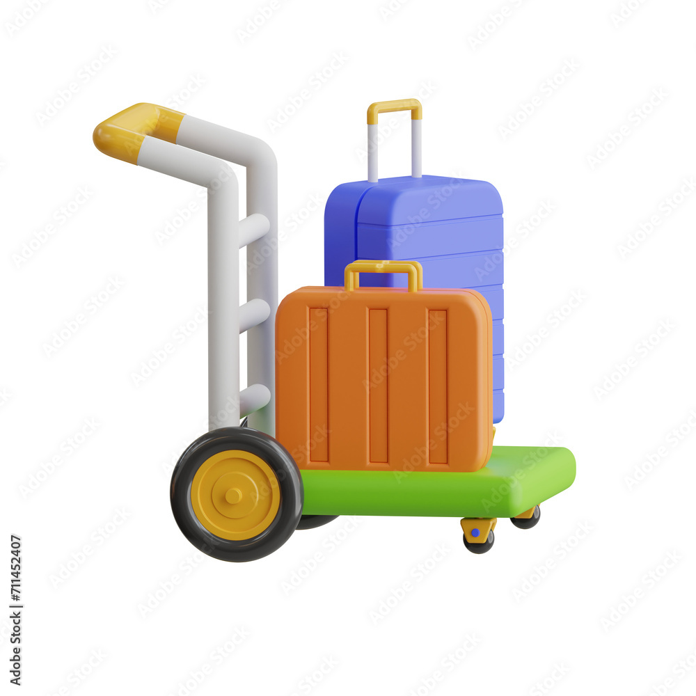 Aufkleber 3d trolley model assisting travelers with heavy baggage. 3d illustration, 3d element, 3d rendering. 