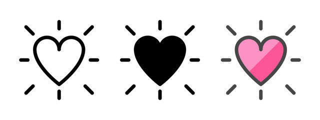 Multipurpose glowing heart vector icon in outline, glyph, filled outline style. Three icon style variants in one pack.