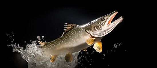 northern pike (Esox lucius) jumping from the water on black background - obrazy, fototapety, plakaty