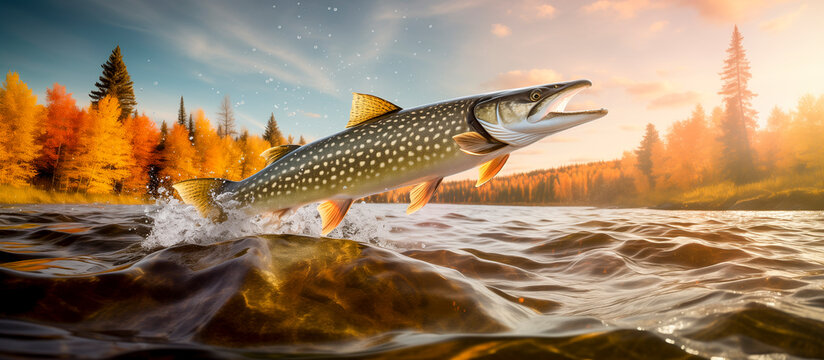 northern pike (Esox lucius) jumping from the water in a river