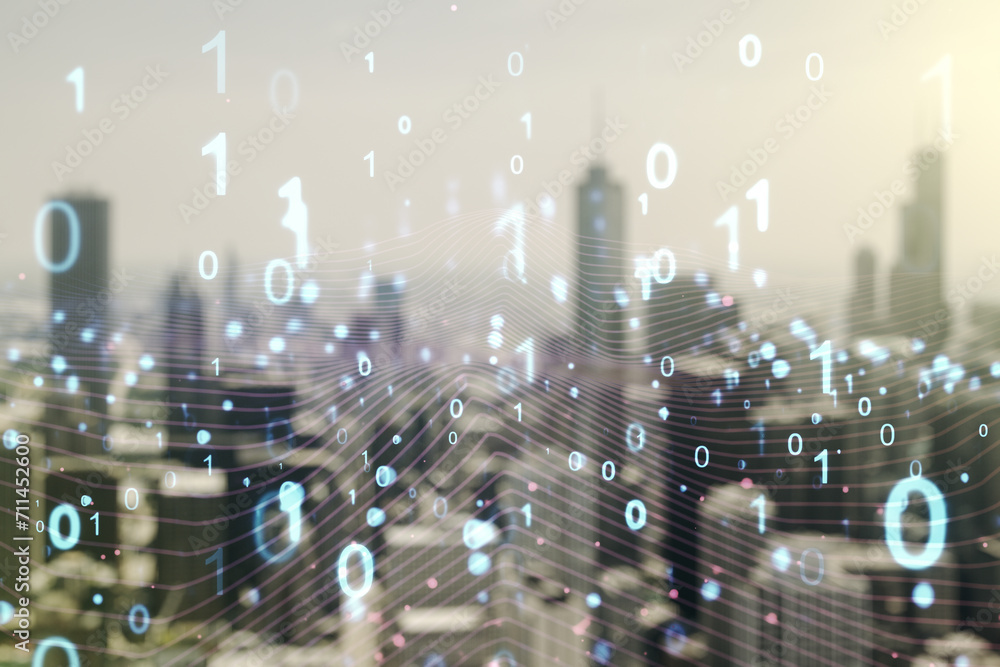 Poster abstract virtual binary code hologram on blurry skyscrapers background, ai and machine learning conc
