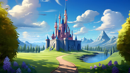 background illustration of a majestic castle landscape in the meadow