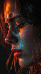 Crying Woman in Vivid, Colorful Portrait Against a Black Background with Soft, Bright Light