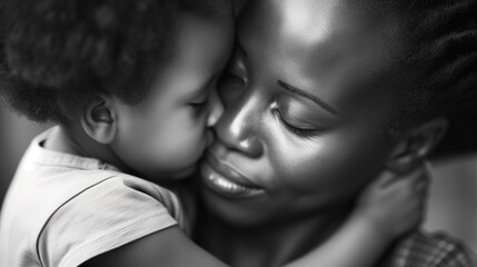 Black Mother Tenderly Holds and Cuddles her Little Child - Heartwarming Embrace in Black and White Photography