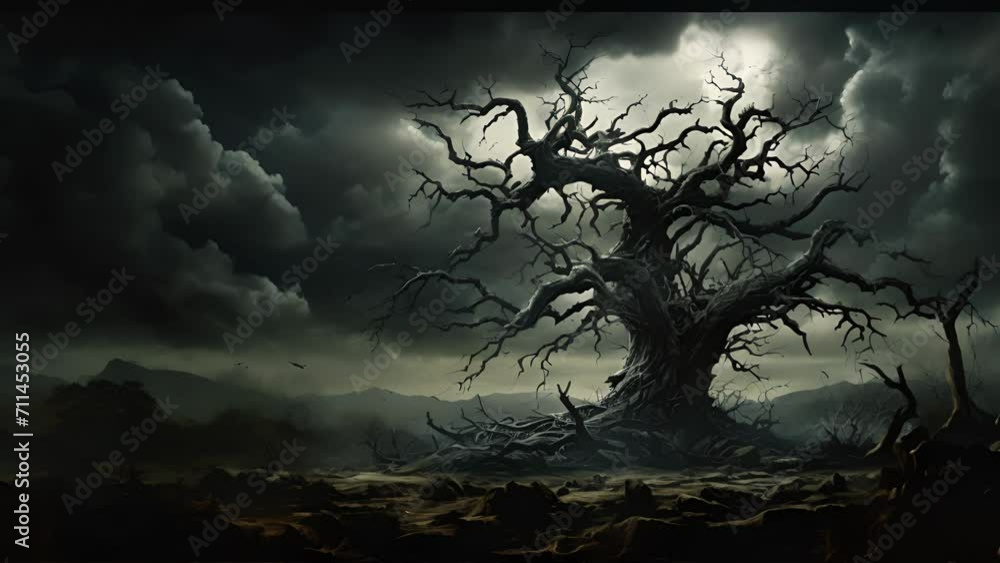 Aufkleber a full moon suddenly emerging from dark clouds casting shadows over a twisted tree.