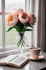 Peach color peony flowers in blue vase and cup of coffee esthetic view