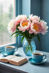 Peach color peony flowers in blue vase and cup of coffee esthetic view