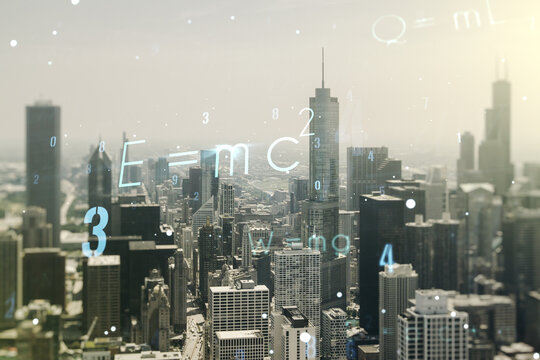 Scientific formula hologram on Chicago office buildings background, research concept. Multiexposure - Powered by Adobe