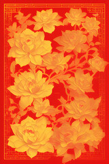 Golden Traditional Chinese new year card art floral pattern with vibrant blooming flowers hanging from tree branches backdrop