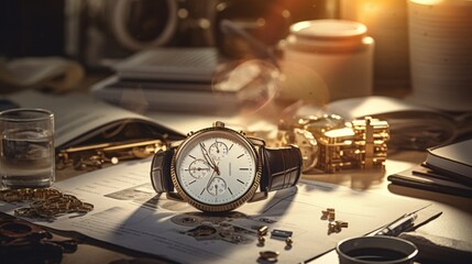 An evocative scene featuring a watch on a desk surrounded by work-related items, emphasizing the role of time management in productivity - Generative AI