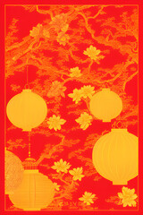 Golden Traditional Chinese new year card art with red asian oriental lanterns hanging from trees and vibrant flowers Background