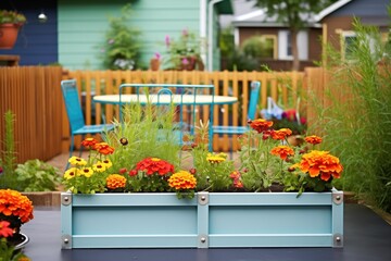 elevated metal garden bed with bright zinnias and cosmos