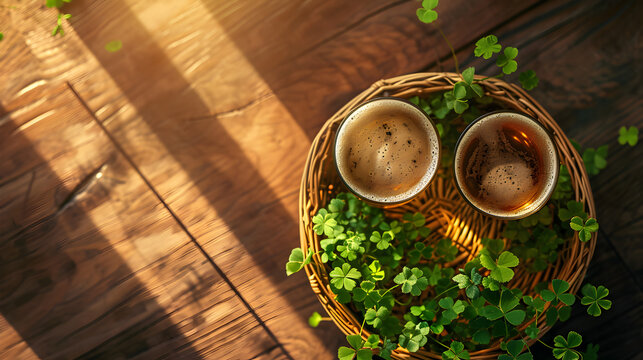 Product photograph of Two Beer pint glass in a field full of green clovers. Green color palette. Drinks. St. Patrick's . Friends 