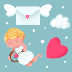 Cute cupid character. Cupid with a love arrow. Letter, cloud. Set of illustration for Valentine's Day, wedding, romantic event.