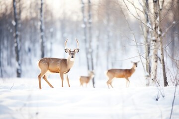 Naklejka na ściany i meble wild deer grazing in a snowdusted forest clearing