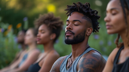 Mindful Meditation Retreat - mindful meditation moments, practicing meditation and mindfulness exercises. tranquility, inner peace, and the importance of mental well-being. - obrazy, fototapety, plakaty